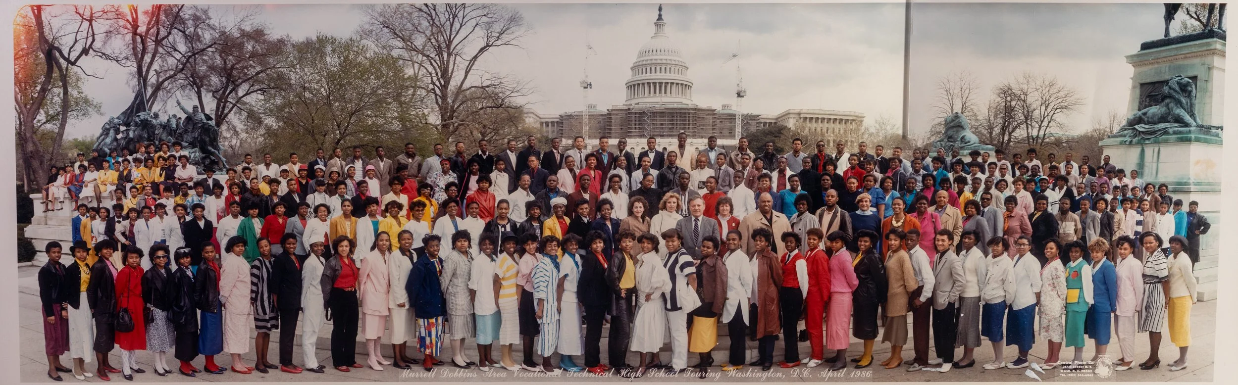 Group photo of students and teachers in front of the U.S. Capitol building in Washington, D.C., taken in April 1986 during a high school tour.