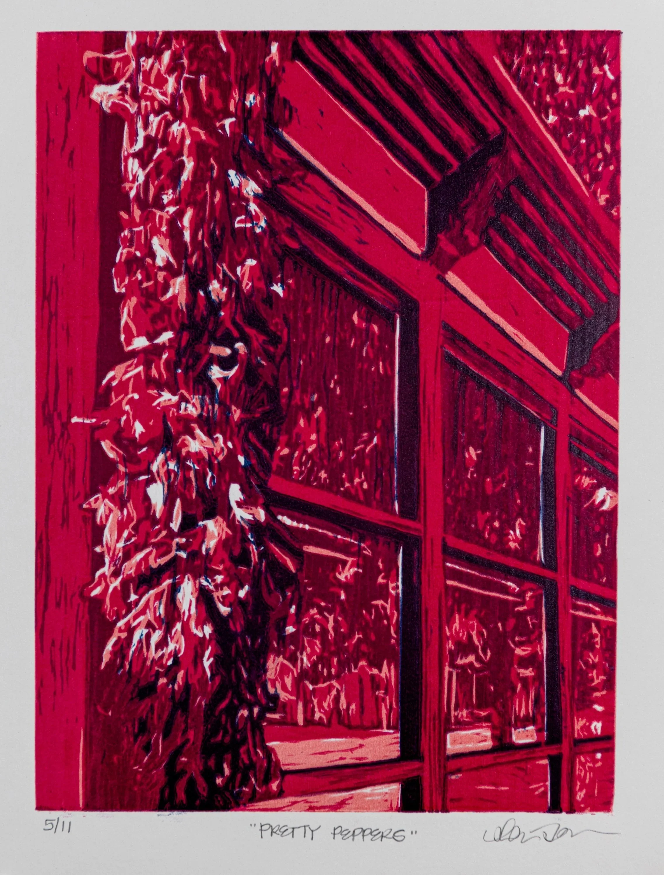 Pretty Peppers, reduction wood cut print, 14" x 11", 2026