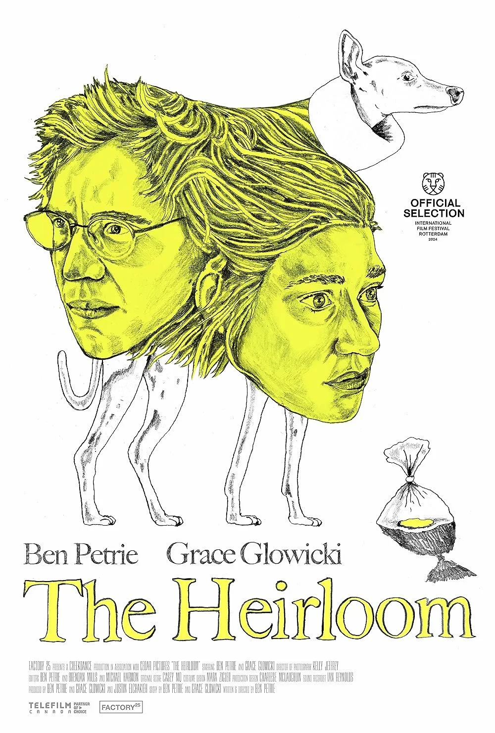 Illustration of a dog with two human faces as part of its body, with the title 'The Heirloom' and the names Ben Petrie and Grace Glowicki, indicating it is a film poster.