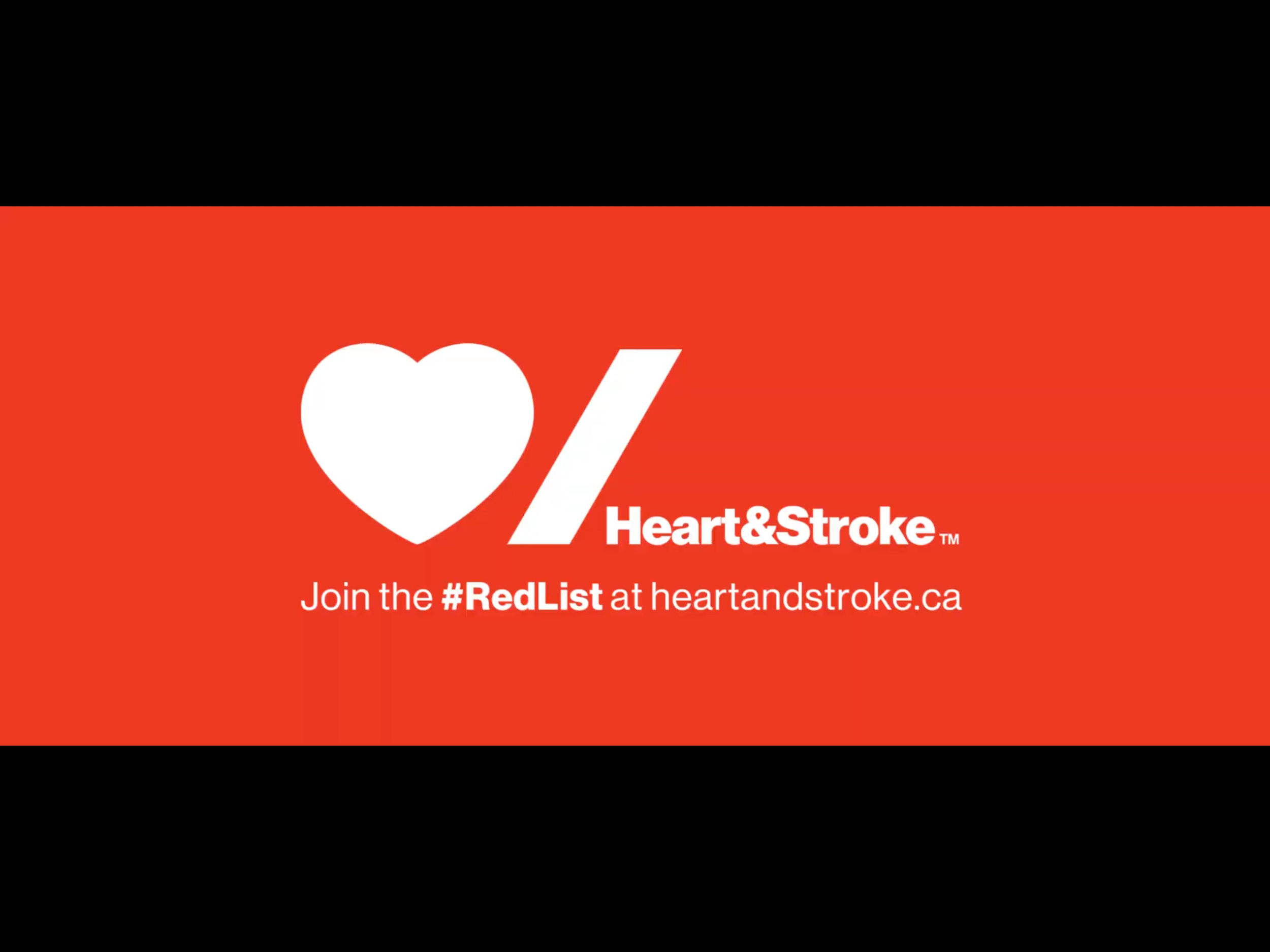 Red promotional graphic with white heart and slash symbols, promoting Heart & Stroke foundation and encouraging joining the #RedList at heartandstroke.ca.