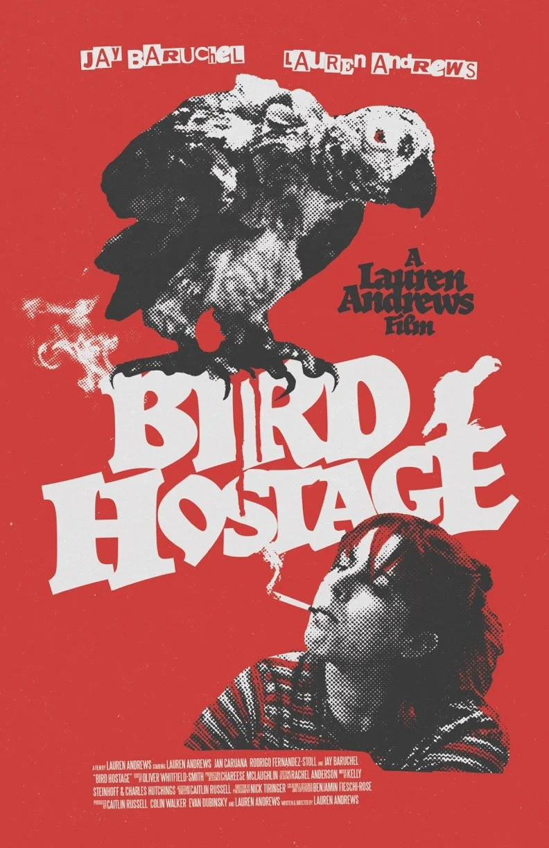Movie poster for "Bird Hostage" featuring a large bird of prey with a human face, and a woman with glasses smoking a cigarette. Red background with white and black text.