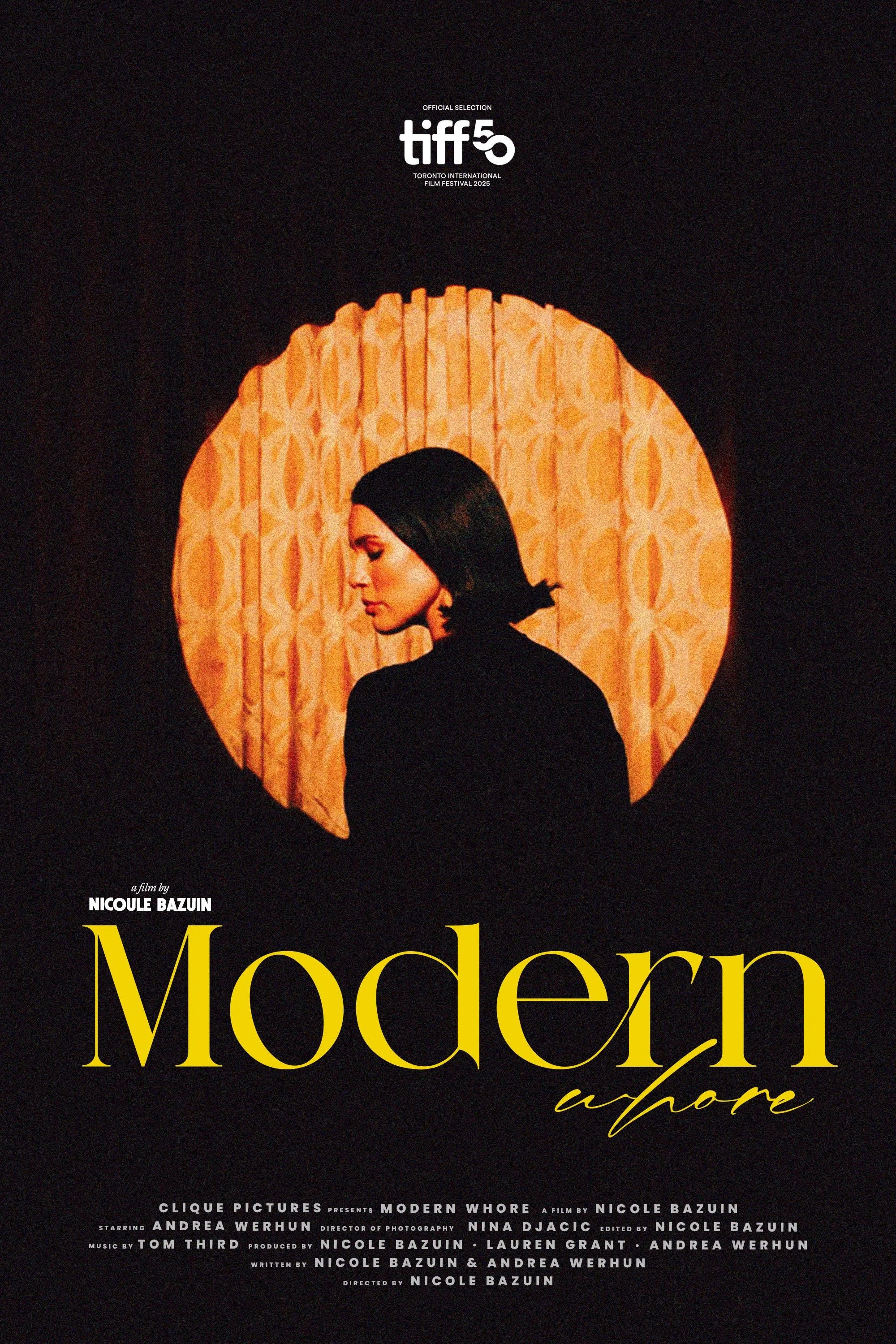 Movie poster for 'Modern Whore', directed by Nicole Bazuin, featuring a woman with dark hair in profile against a circular window with orange curtains.