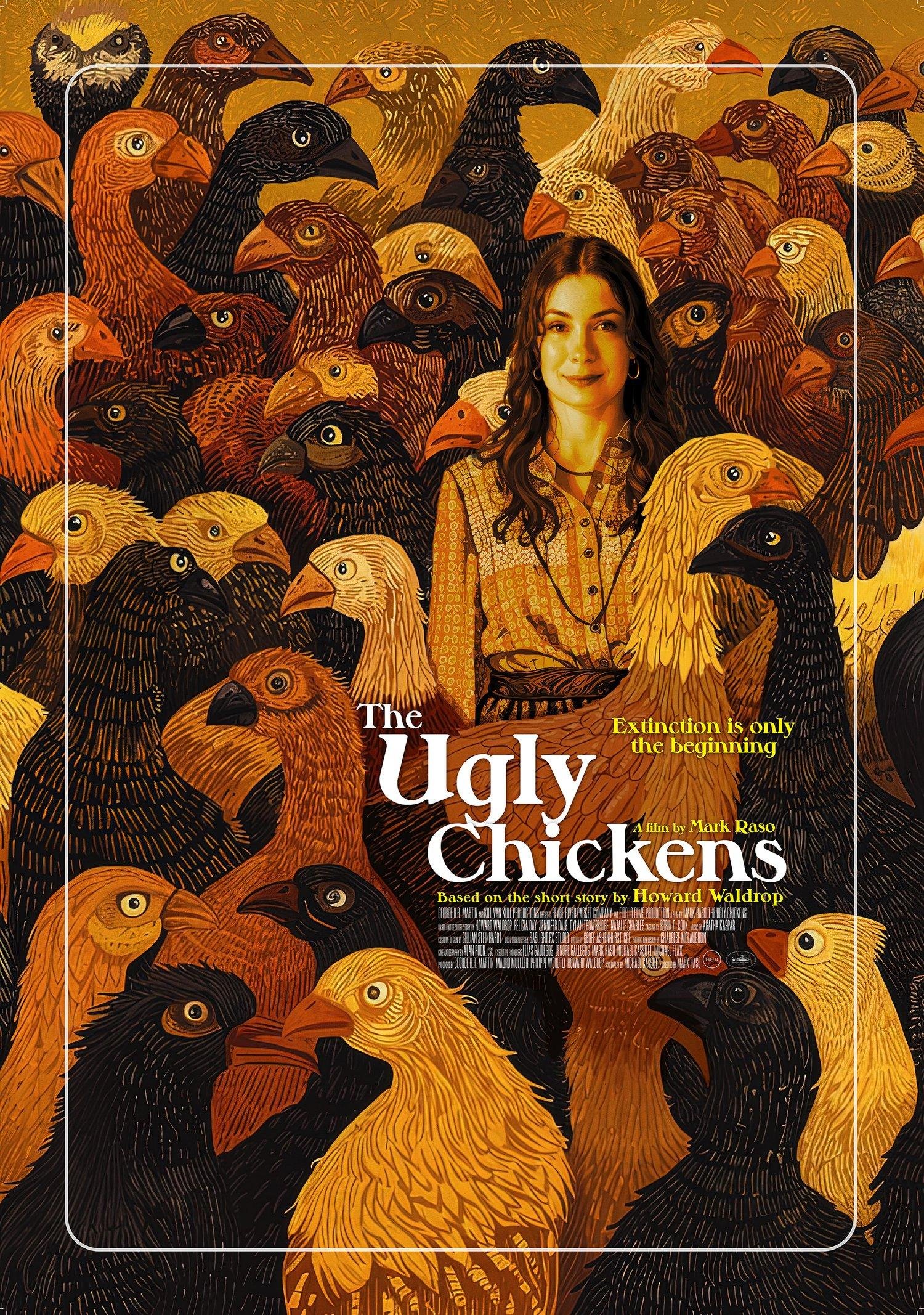 Movie poster for 'The Ugly Chickens' featuring a woman surrounded by illustrated chickens in various colors and styles, with the title and tagline 'Extinction is only the beginning'.