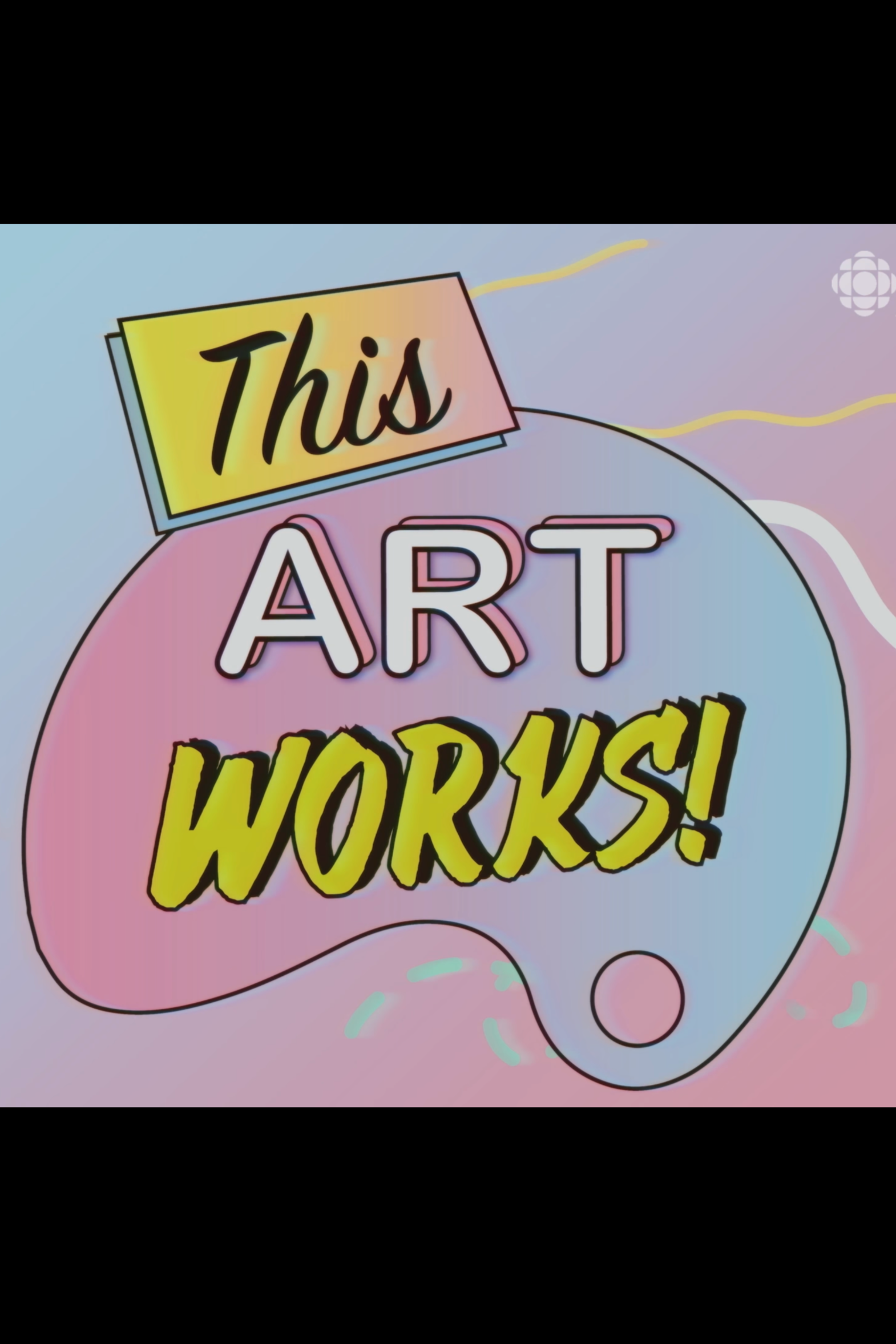 Colorful artistic sign with the text 'This Art Works!' on a pink and blue abstract background, resembling an art palette.