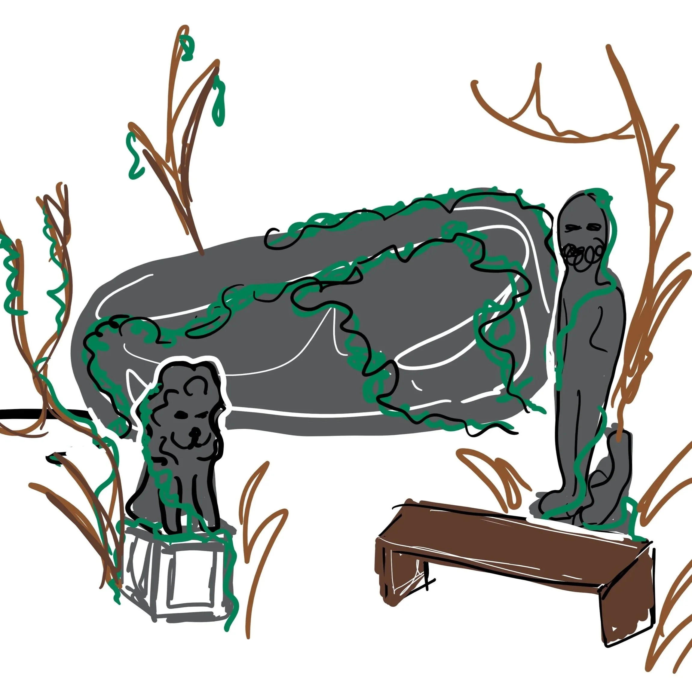 A drawing of a scene with two gray creatures, one resembling a dog and standing on a pedestal, the other a humanoid figure standing on a bench, surrounded by brown and green plants.