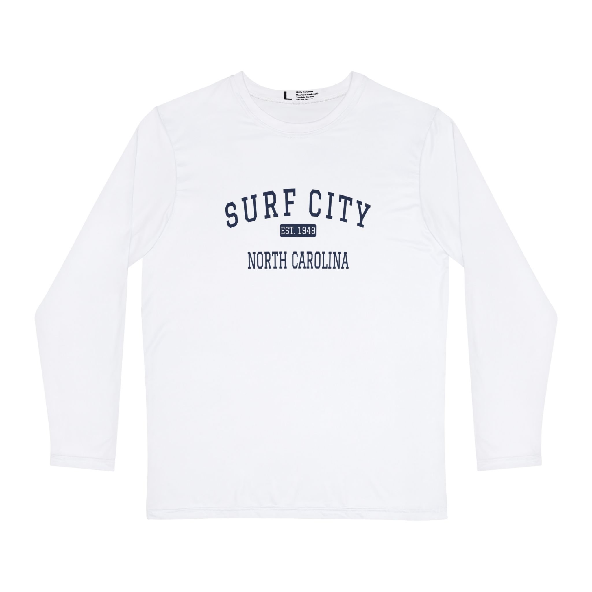 "Surf City, North Carolina Est. 1949" (Unisex) Varsity Long Sleeve White Shirt