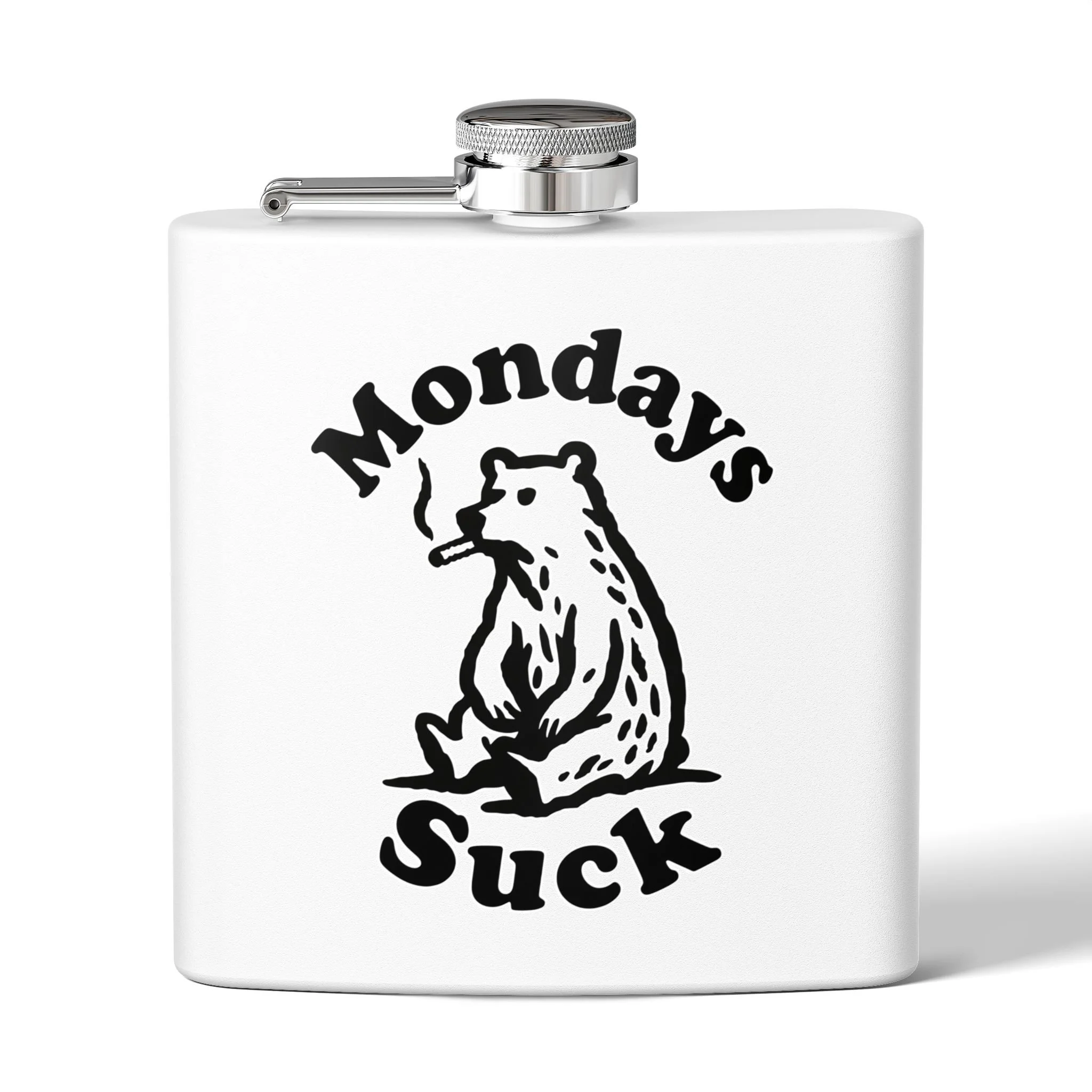 "Mondays Suck" Retro Black Bear Flask | 6oz. White