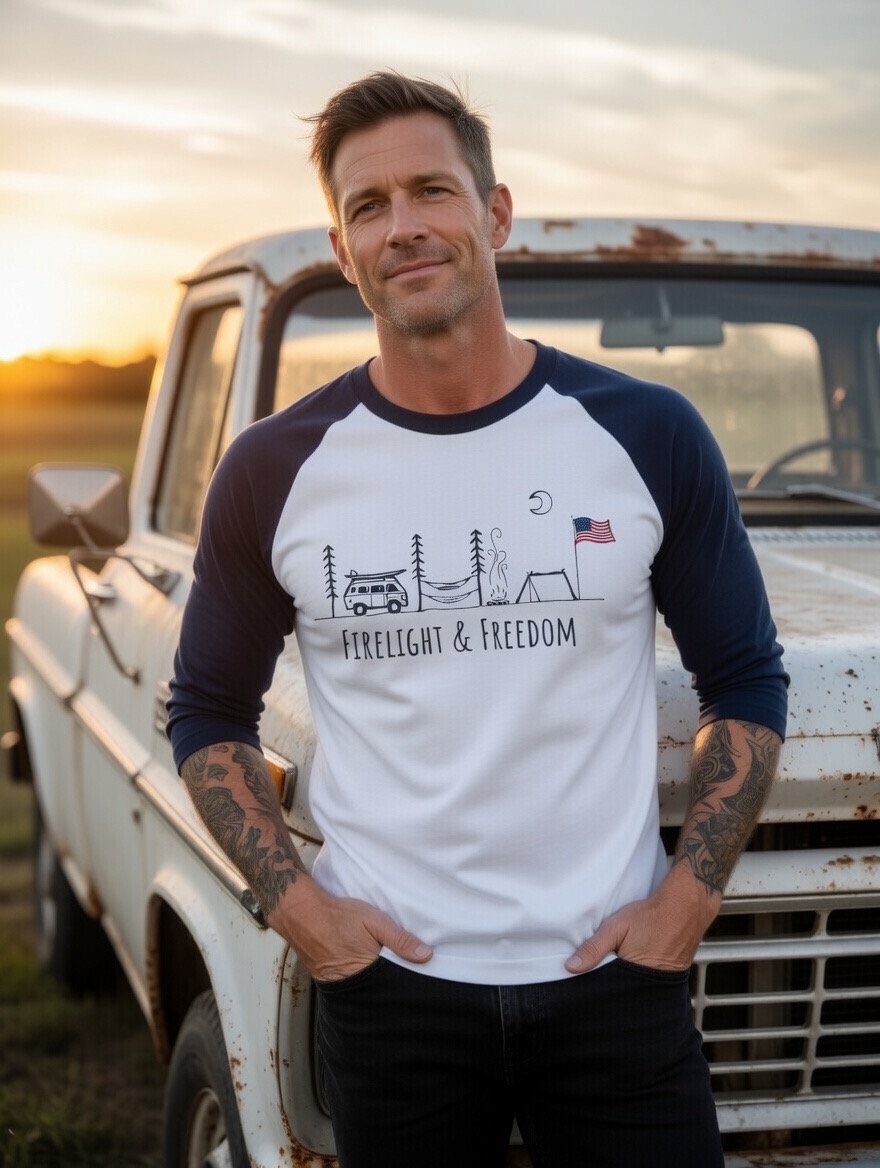 "Firelight & Freedom" Men's Graphic 3/4 Sleeve Athletic Baseball Tee
