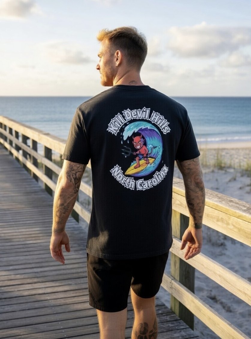 "Surfing With The Devil" | Kill Devil Hills, NC | Men's Black Tri-Blend Graphic Tee
