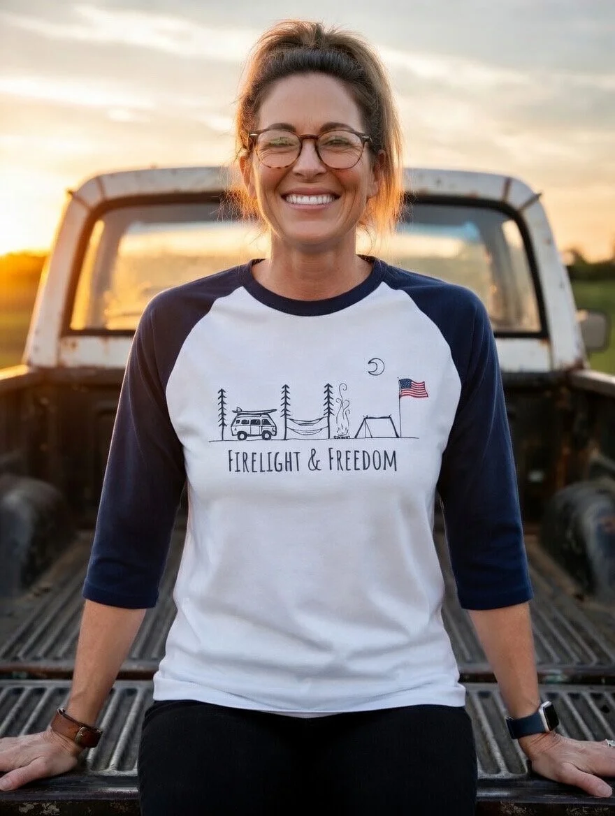 "Firelight & Freedom" Women's Graphic 3/4 Sleeve Athletic Baseball Tee
