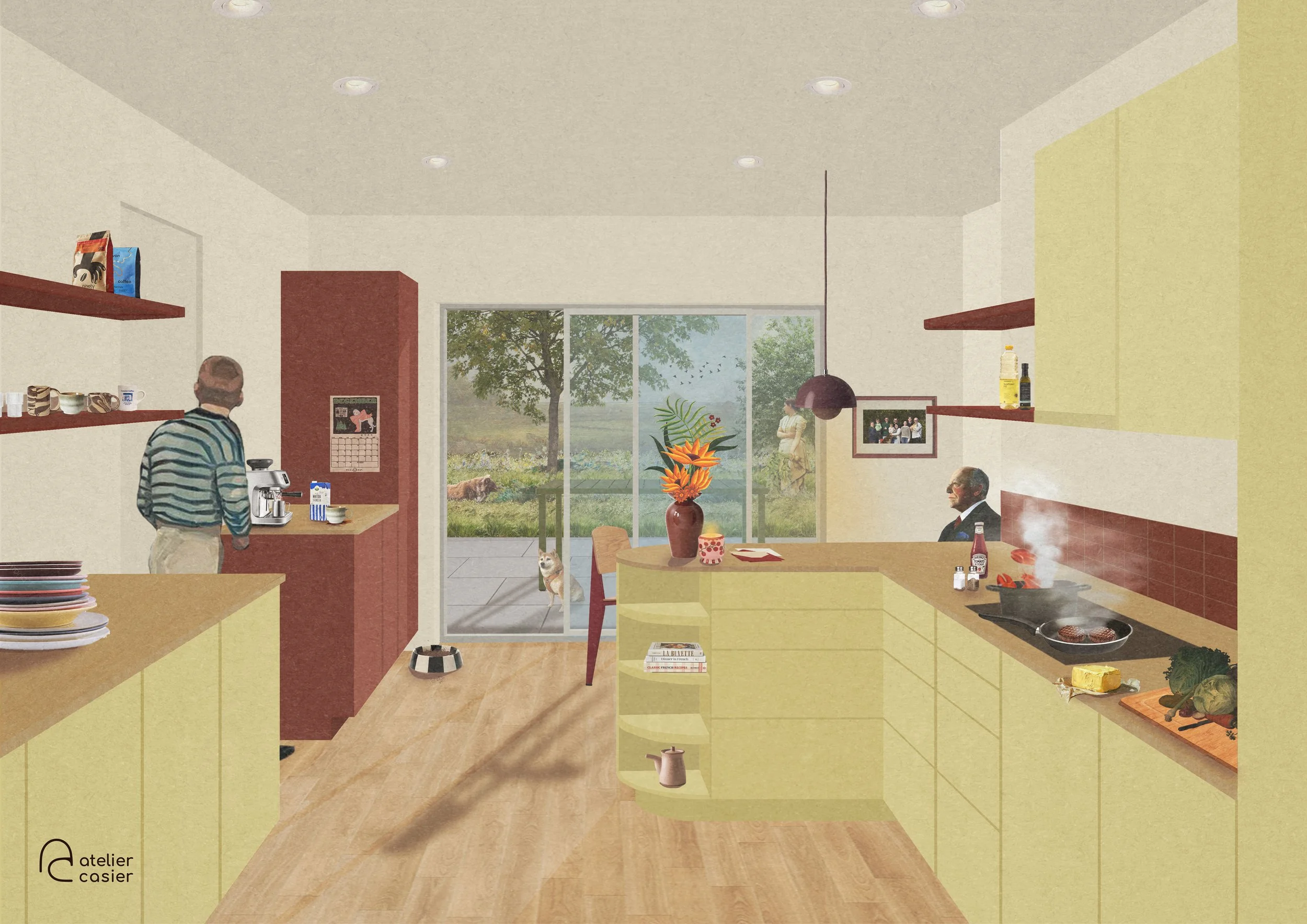 Post digital collage in photoshop of an kitchen with red, yellow and warm woods