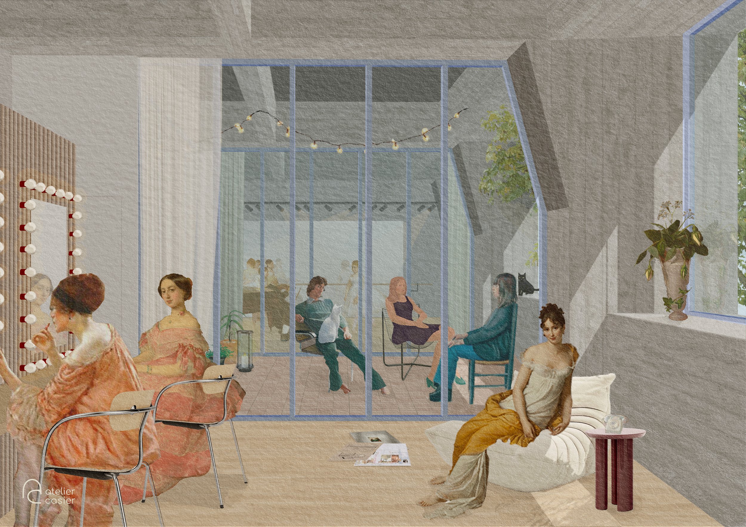 Post digital collage in photoshop of an architectural project showing the artist' dressing rooms, terrace and reptition space with ballet dancers