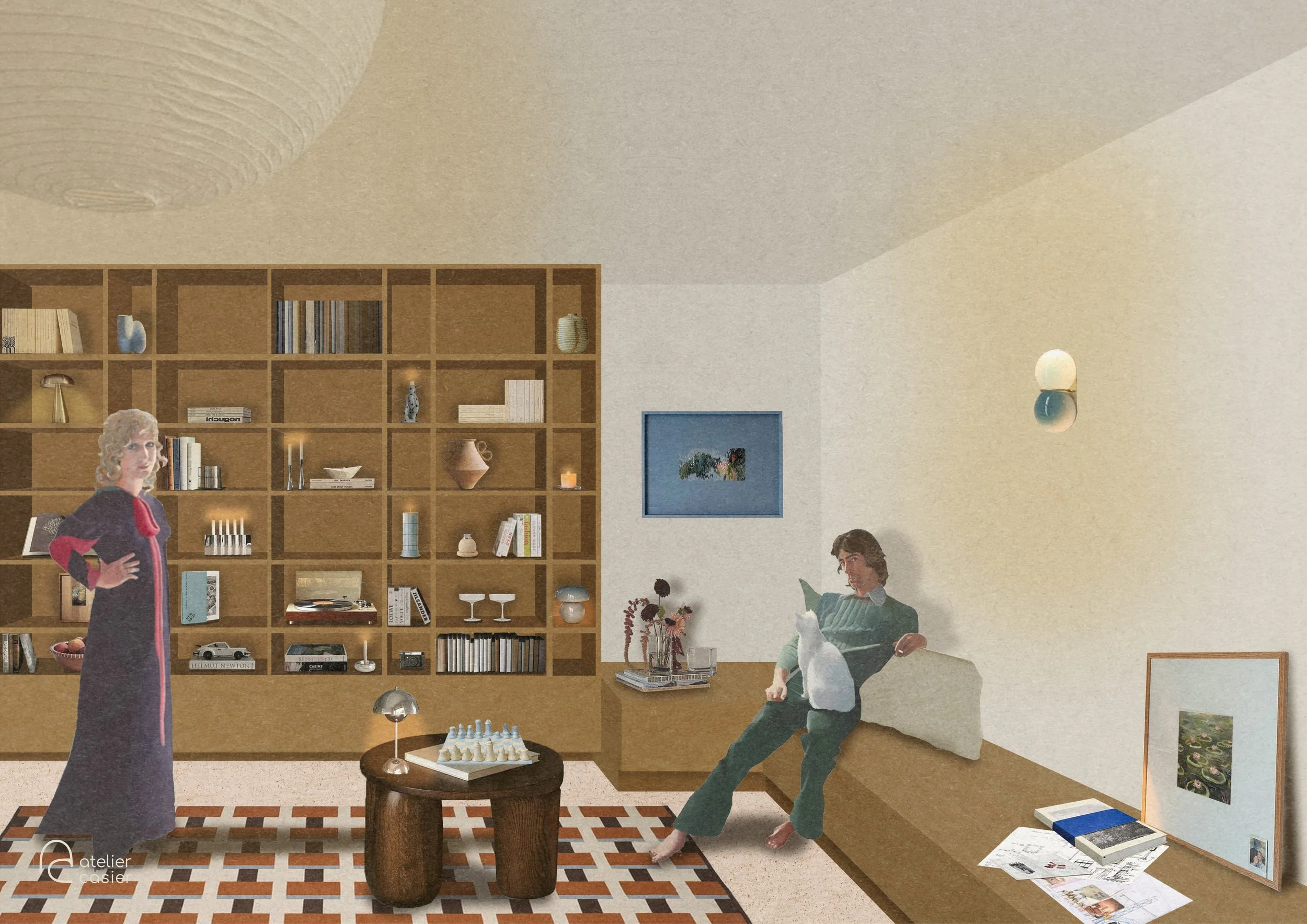 Post digital collage in photoshop of a cozy reading nook with a built-in bench and bookcase
