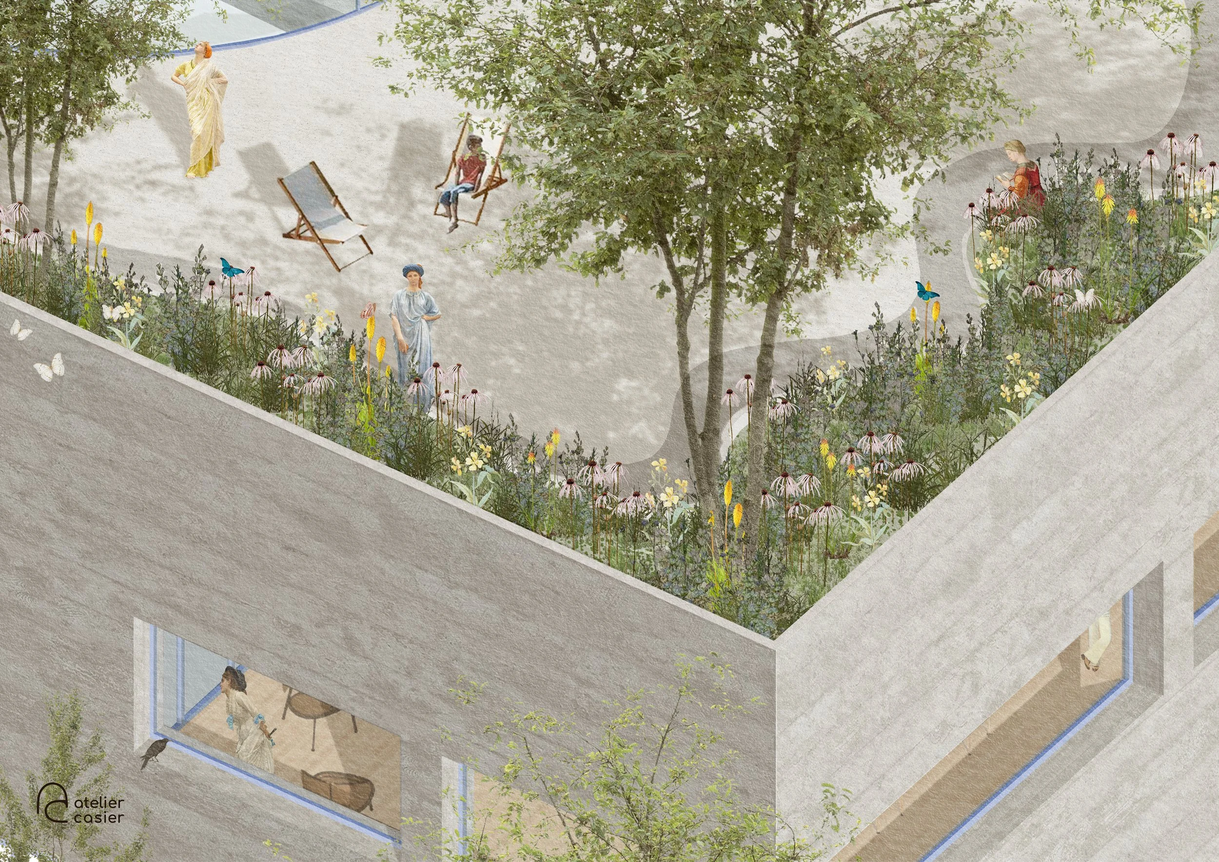 Post digital collage in photoshop of an architectural project showing an outdoor eventspace on a roof.