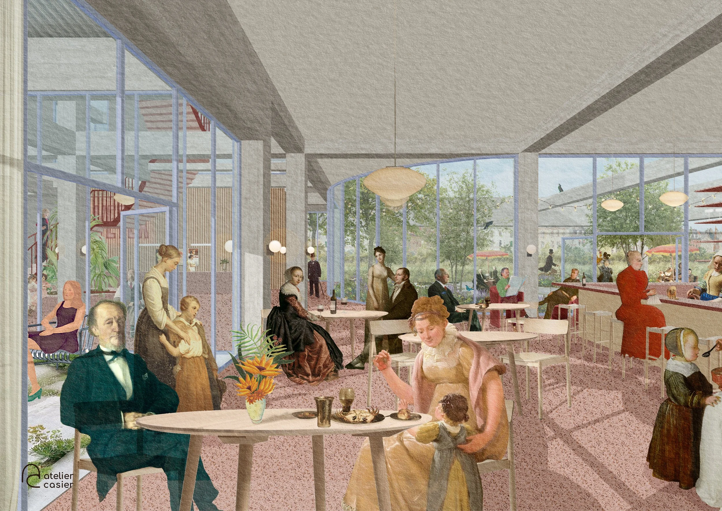 Post digital collage in photoshop of an architectural project. It shows the café of a theater and cultural center in Belgium.