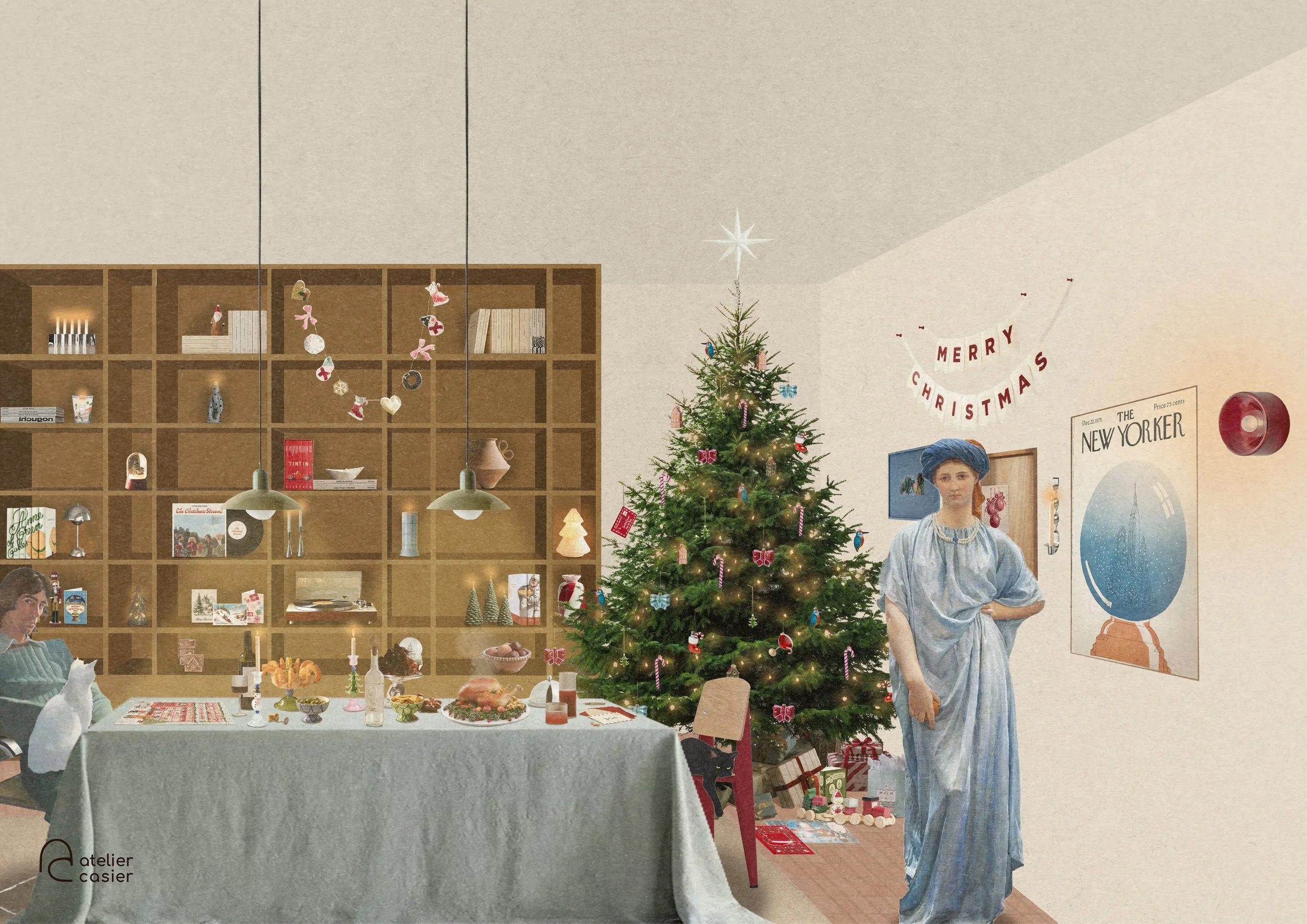 Post digital collage in photoshop of a table setting around Christmas with a bookcase, candles, christmas tree, presents, food and drinks.