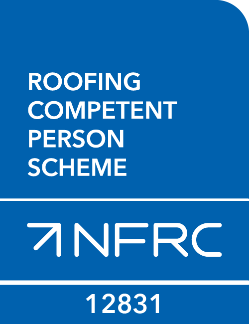 Blue certification badge with white text that reads 'Roofing Competent Person Scheme' and includes the NFRC logo and the number 12831.