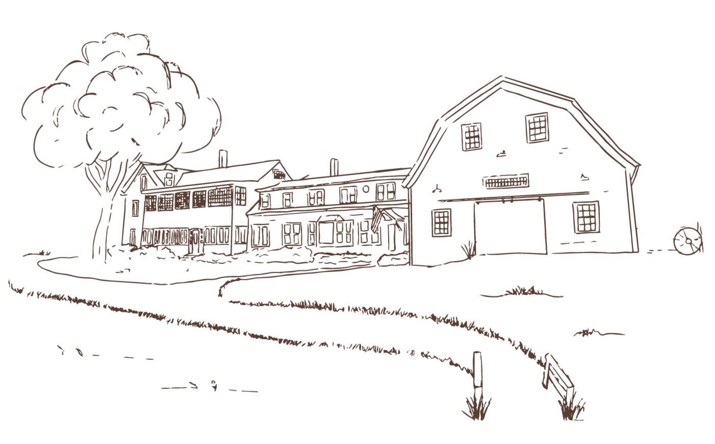 A sketch of a farm scene with two barns, a tree, dirt path, some grass, and a wagon wheel on the right.