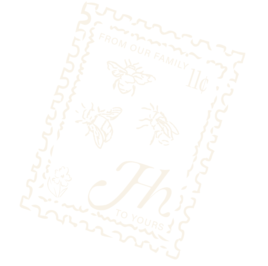 Black and white vintage postage stamp featuring illustrations of three bees, with decorative border and text reading "From our family 11¢ to yours".