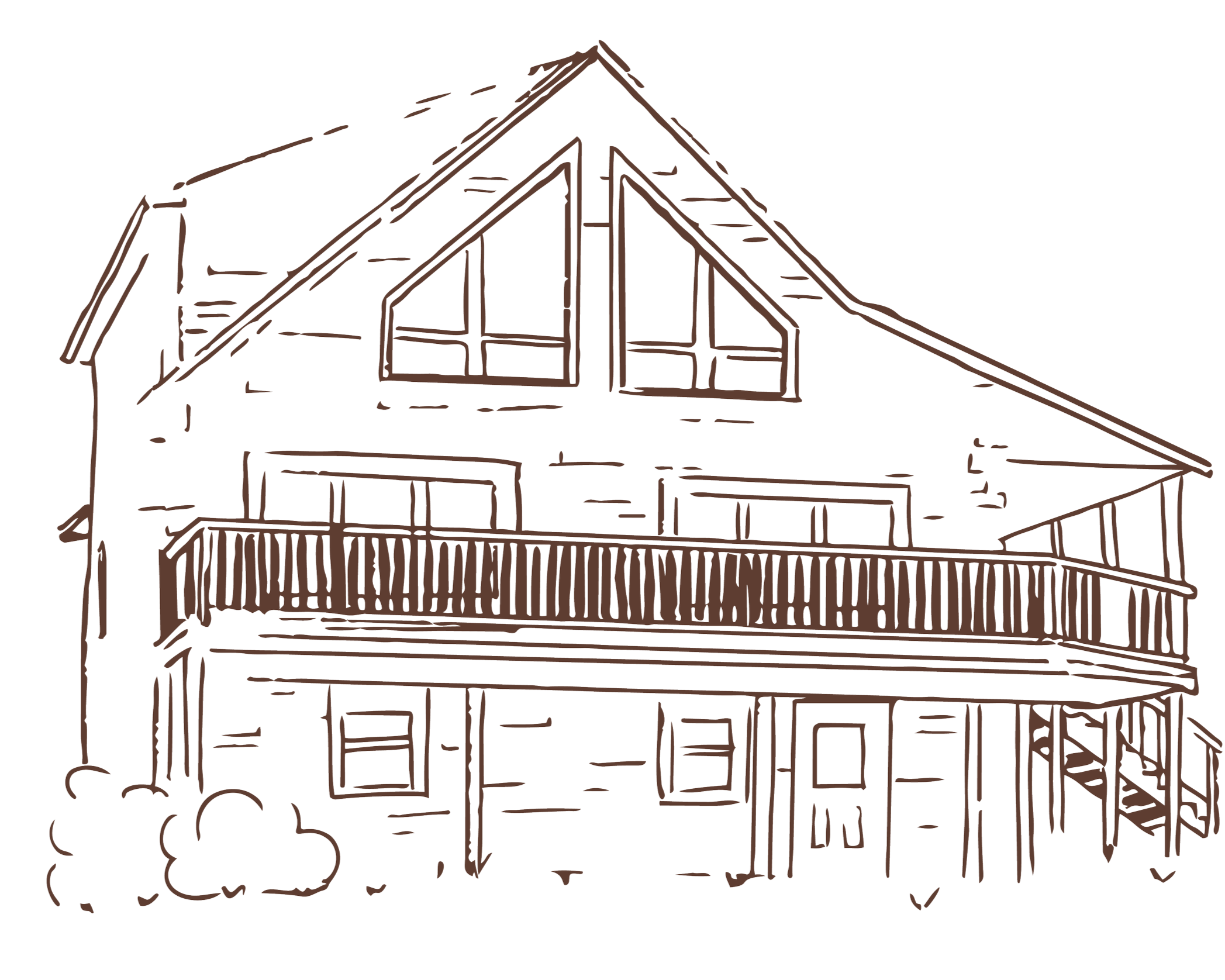 Line drawing of a two-story house with a wrap-around porch, multiple windows, and a gabled roof.