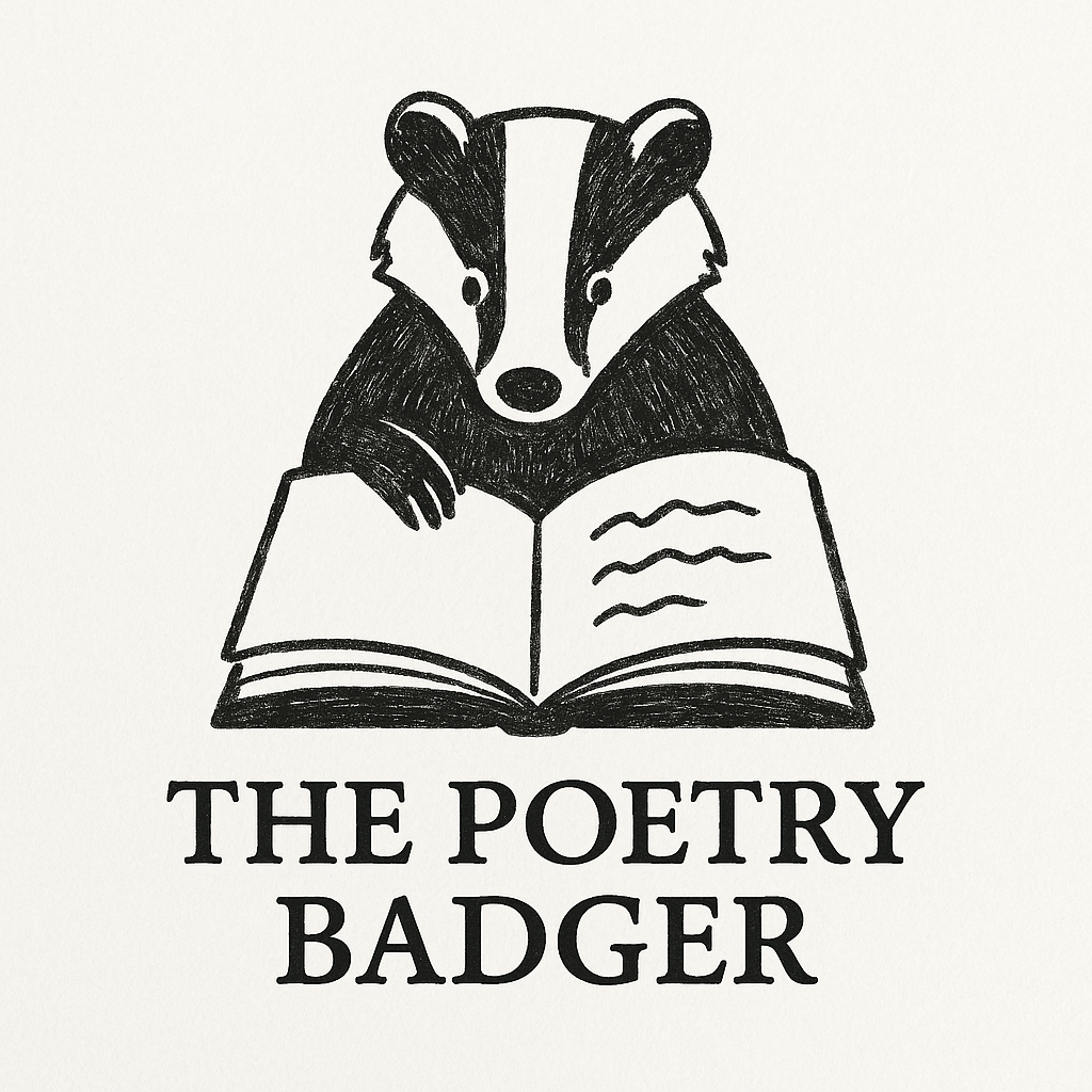 Black and white illustration of a badger reading a book with the text "The Poetry Badger" underneath.