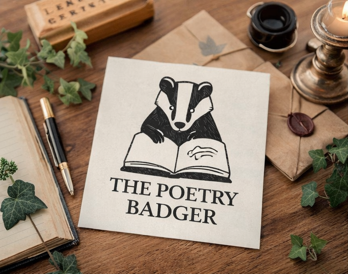 A paper with a logo of a badger reading a book, labeled 'The Poetry Badger', on a wooden desk with writing utensils, ivy leaves, and envelopes.