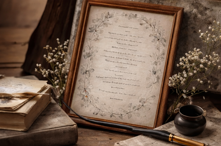 An image shows a handwritten poem and a pen.