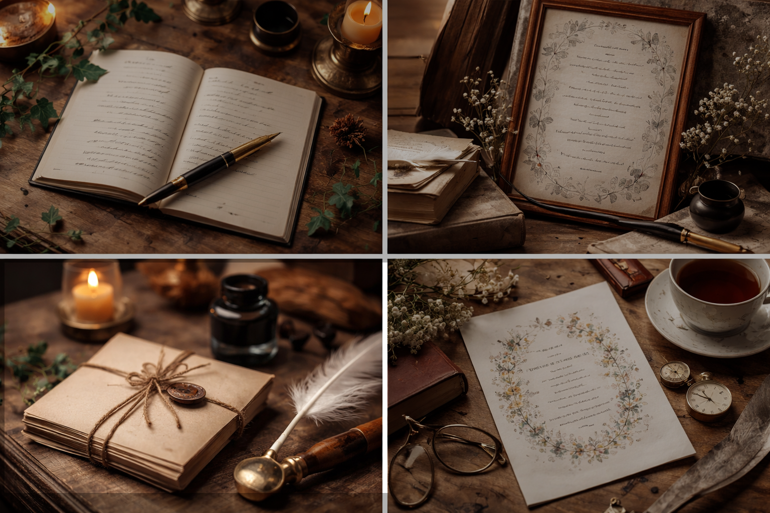 Four images of poetry in production, clearly handwritten