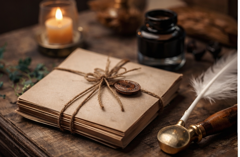 A bundle of poems with a candle burning in the background.