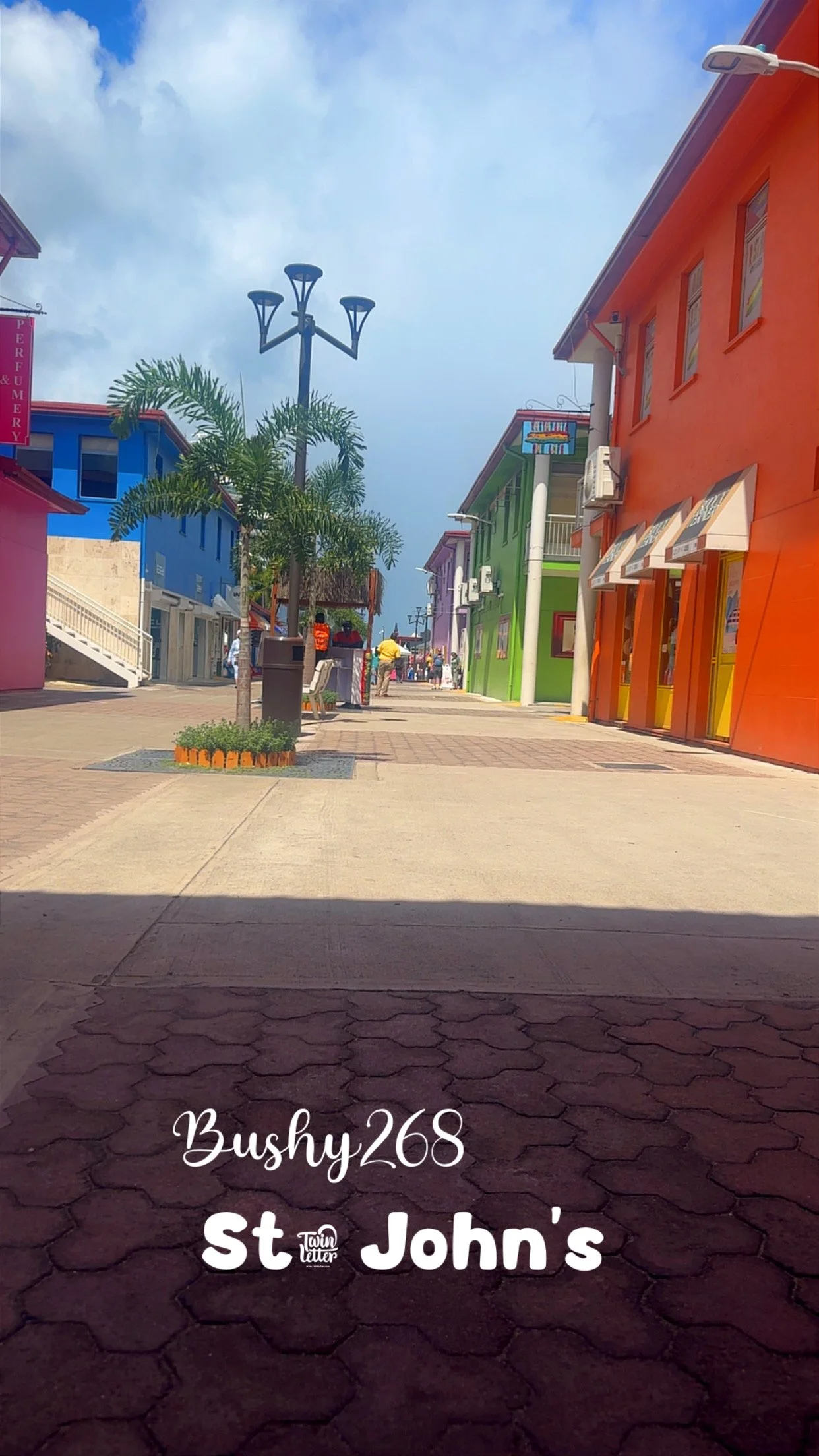 Colorful buildings on a pedestrian street with palm trees and a lamppost, under a partly cloudy sky.