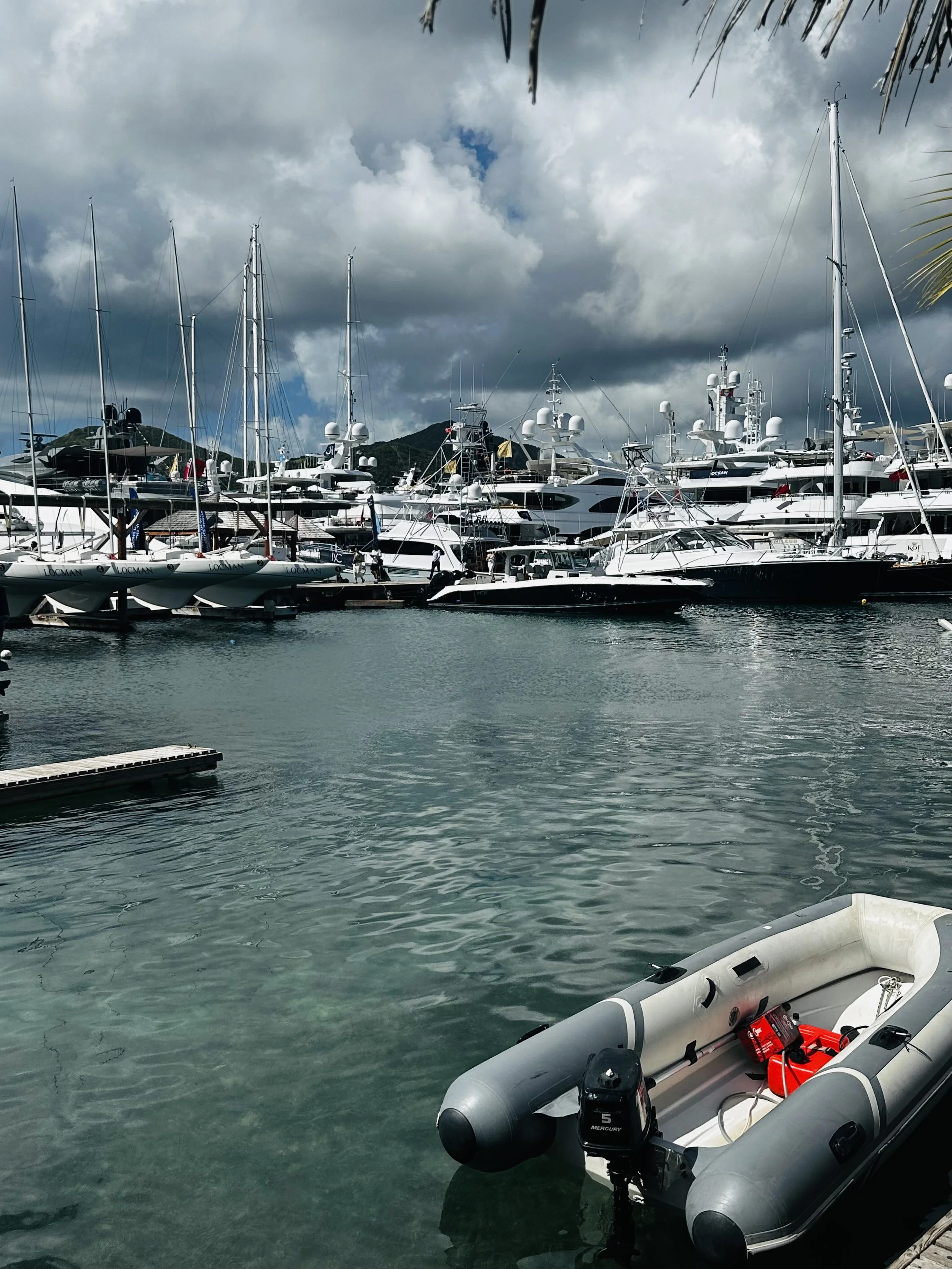 Marina filled with various yachts and sailboats under cloudy sky, with a small inflatable boat in the foreground.