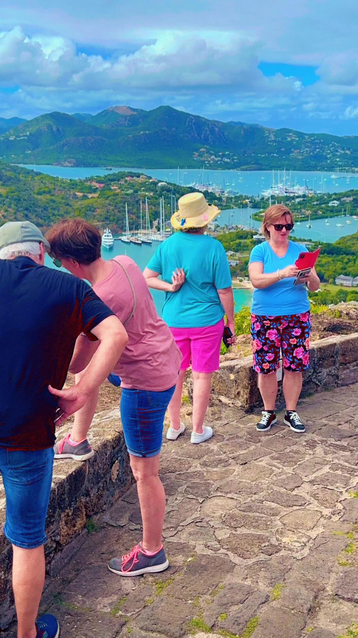 Group of five people viewing a scenic overlook with a lake, boats, and mountains in the background.