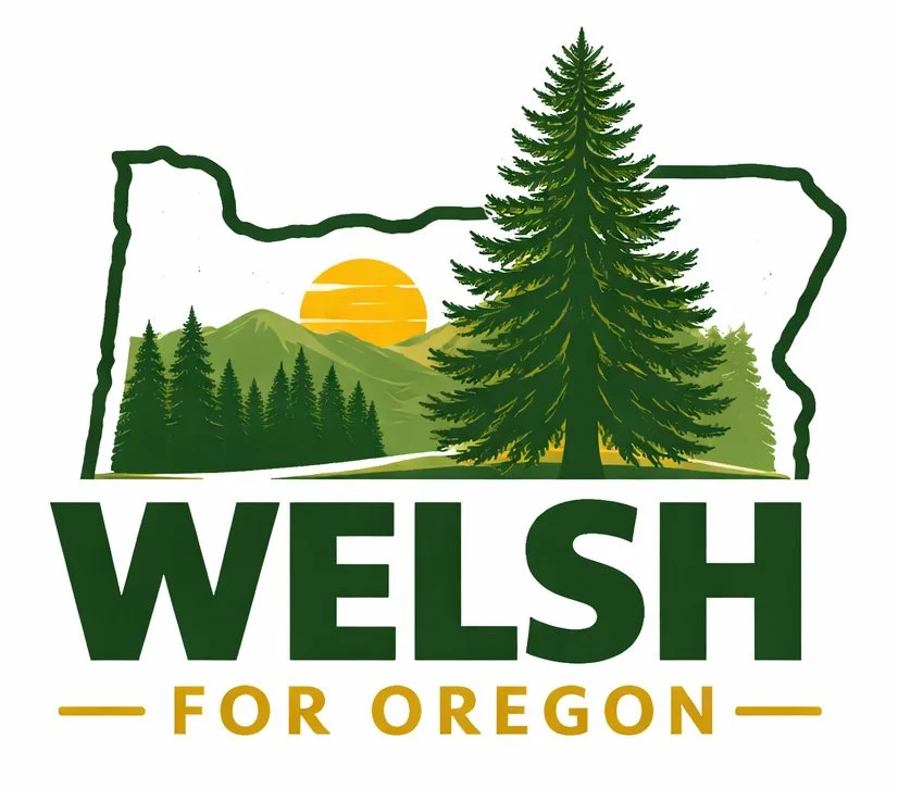 Michael Welsh for Oregon logo, featuring an outline of the state of Oregon with a landscape scene inside, including a large pine tree, mountains, a setting sun, and a forest. Text reads 'Welsh for Oregon'.