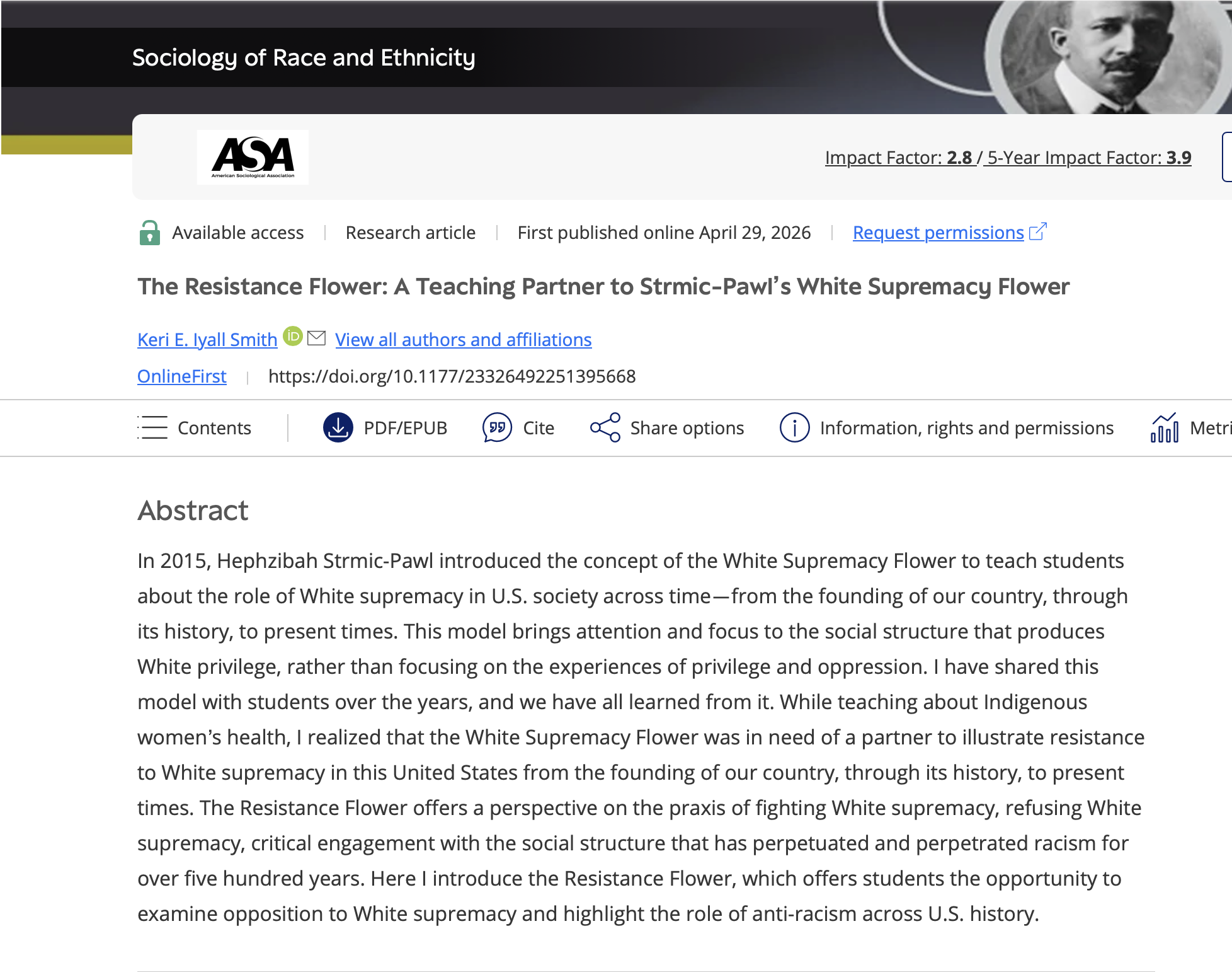 A screen image of the Sociology of Race and Ethnicity page featuring The Resistance Flower.  You can review the abstract and see basic publication information.