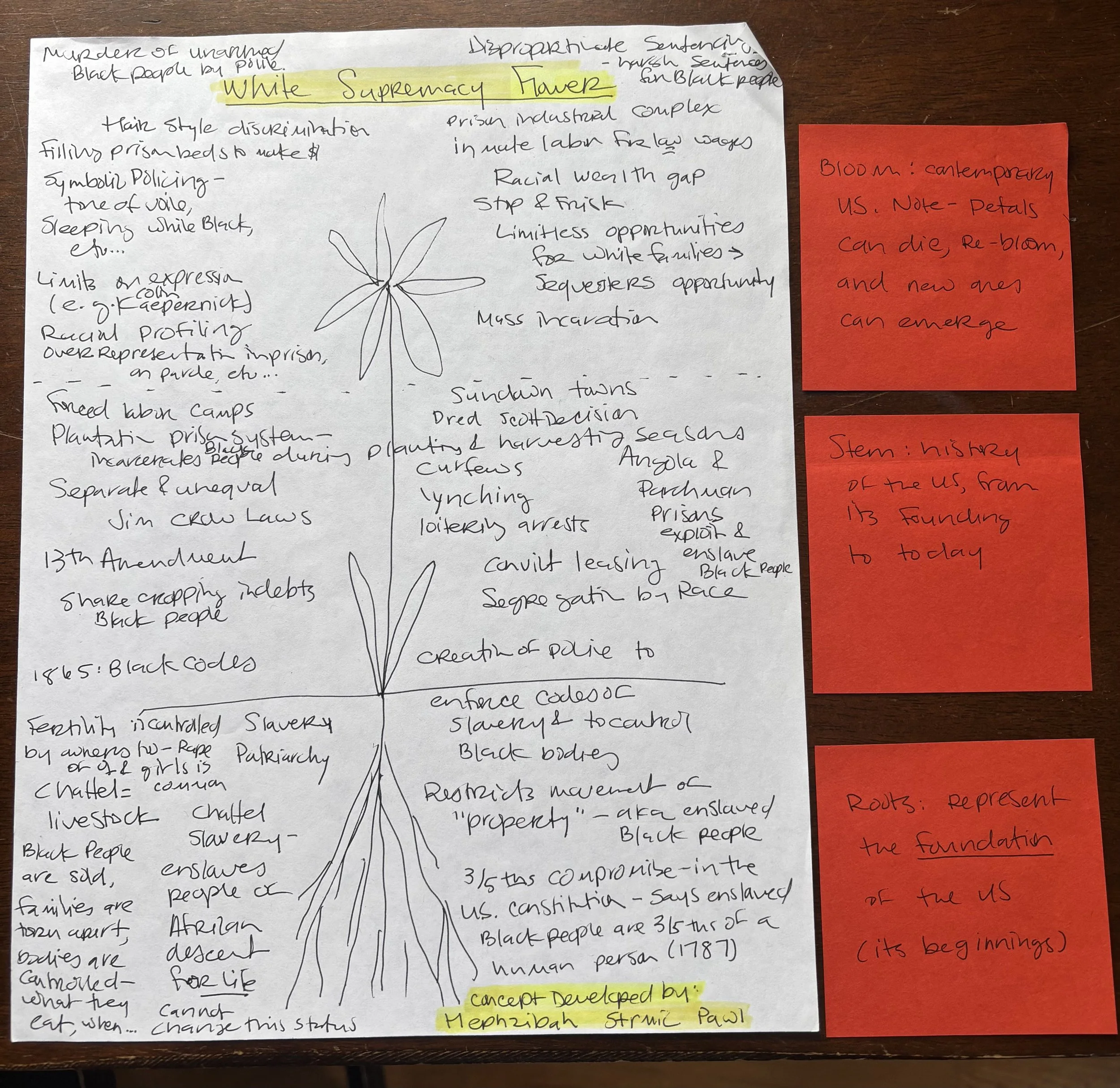 A drawing of a flower with historical events from the founding of the country at the roots, events from the history of the US near the stamp, and contemporary US events on the petals.