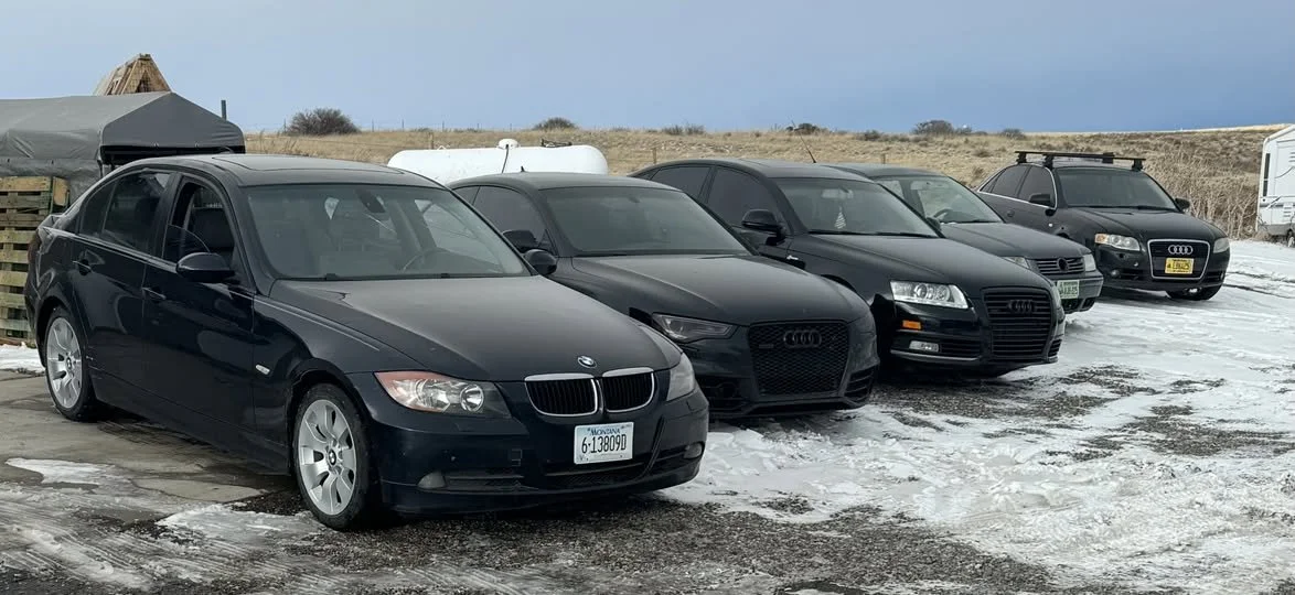 Line of six parked cars on a snowy surface, with a plain background and cloudy sky, including BMW, Audi, and Volkswagen models.