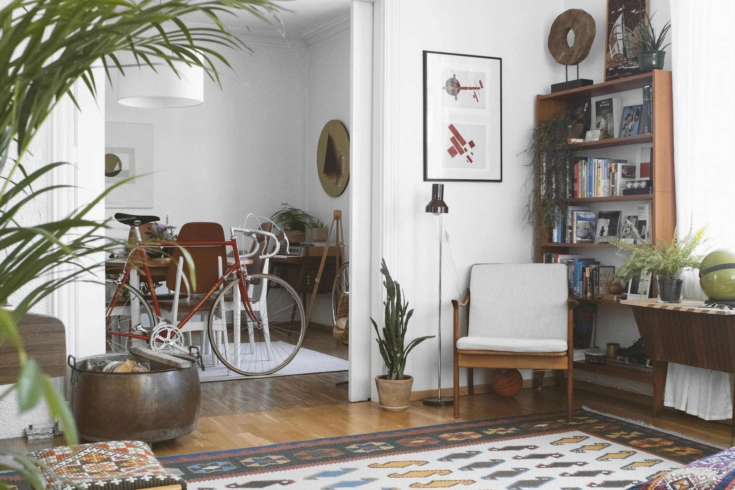 A cozy living room with a colorful area rug, potted plants, bookshelves, wall art, and a bicycle indoors.