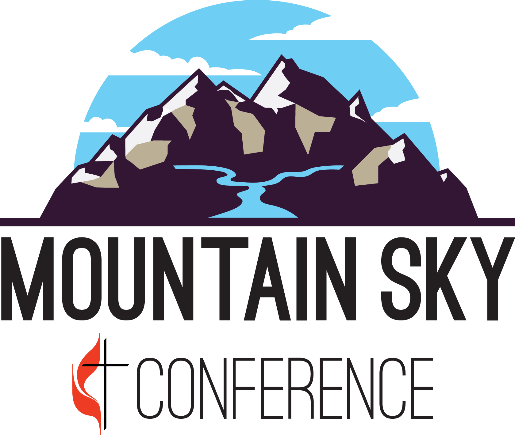 A logo for the Mountain Sky Conference features a mountain range with snow-capped peaks, a river flowing in front, a partly cloudy sky, and text that reads "MOUNTAIN SKY CONFERENCE".