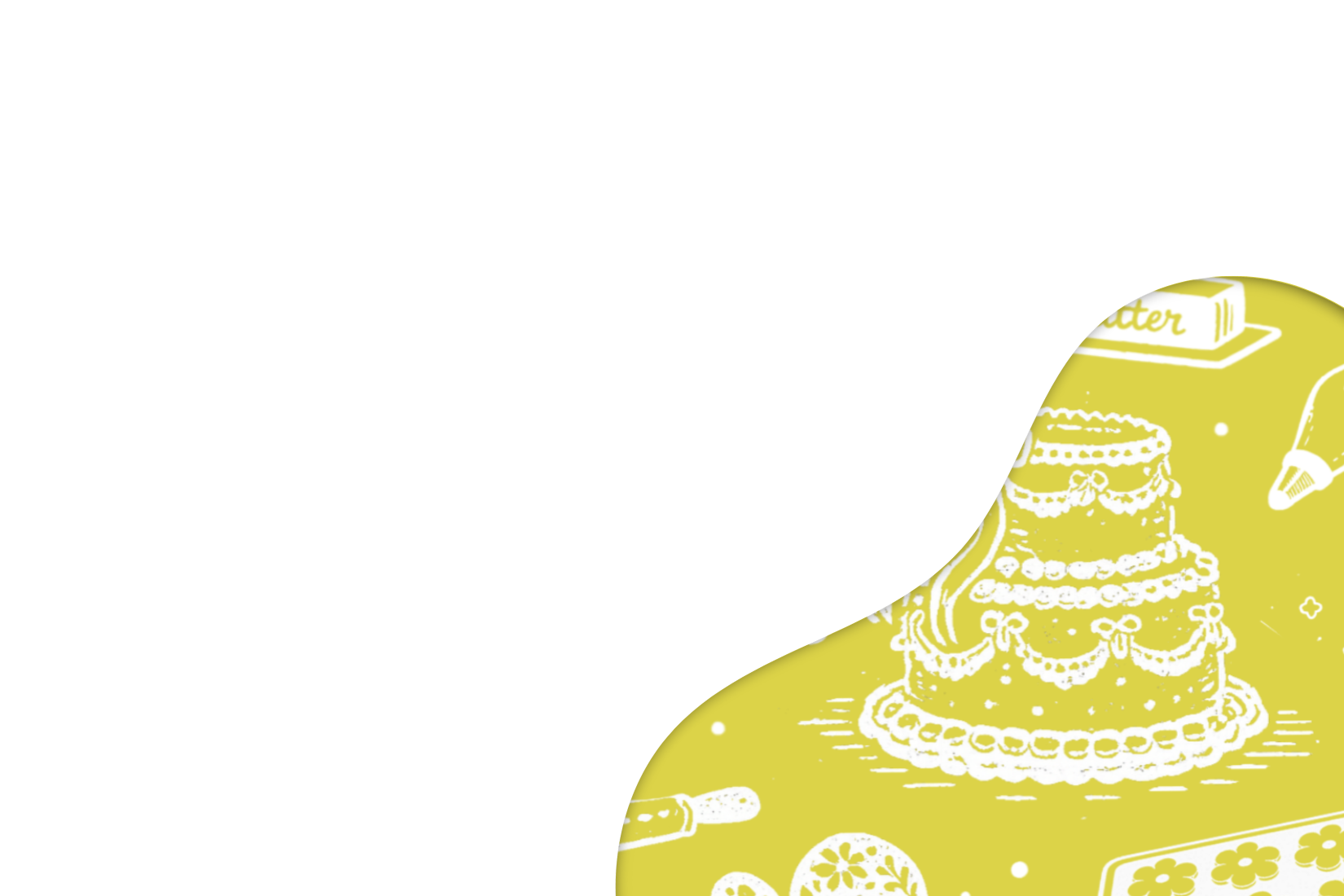 Partially revealed yellow background illustration of a birthday cake with decorations, and other assorted baking items.