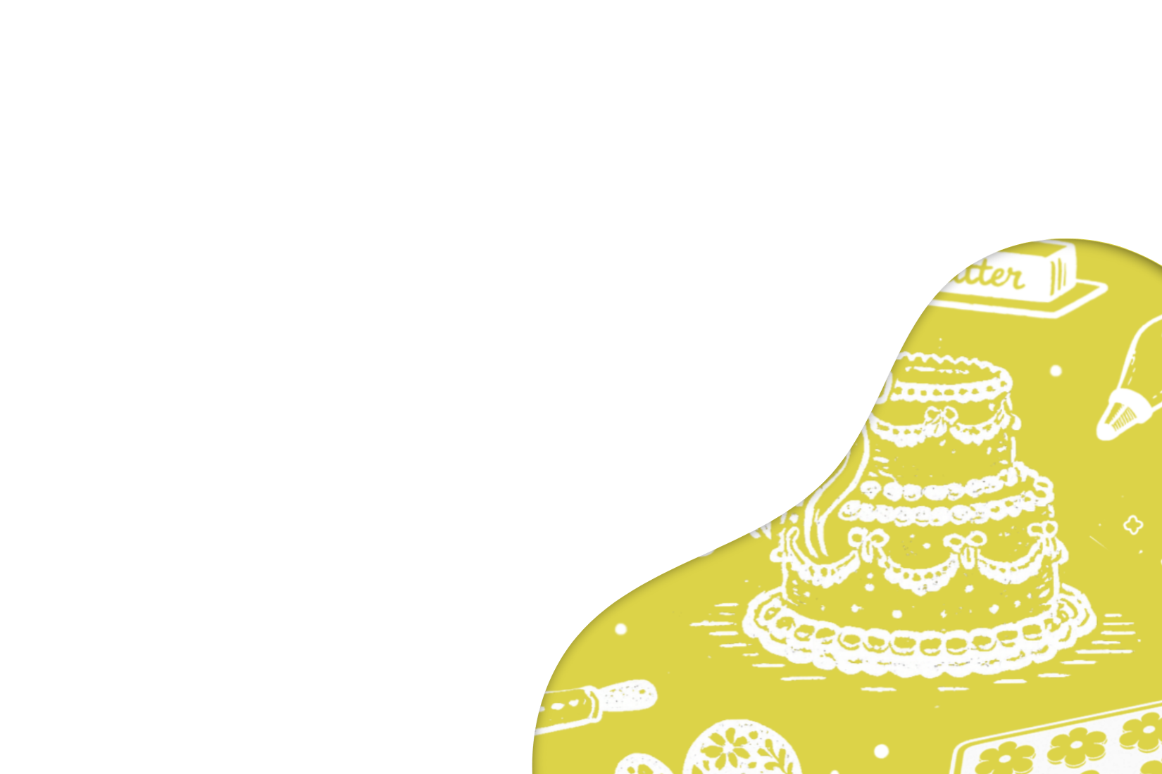 Partially revealed yellow background illustration of a birthday cake with decorations, and other assorted baking items.