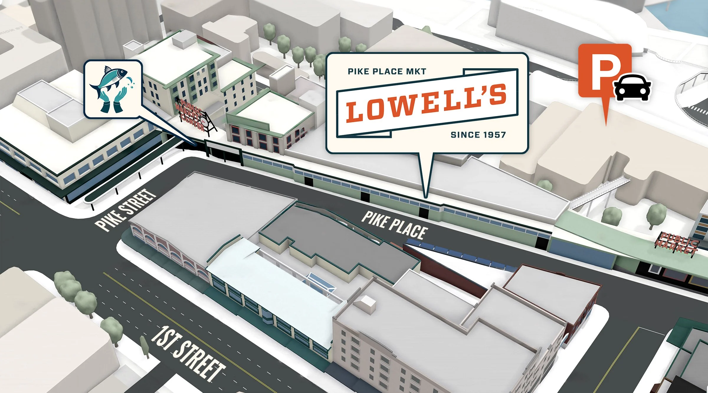 Isometric map of Pike Place Market showing the location with a logo.