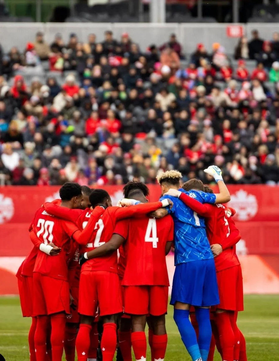Canada men's national soccer team huddle ahead of international match prior to World Cup 2026.