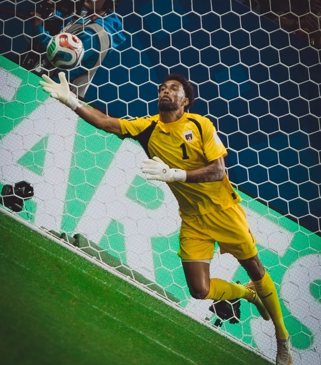 Cabo Verde goalkeeper Vozinha stretches to make a save against Spain at the 2026 FIFA World Cup