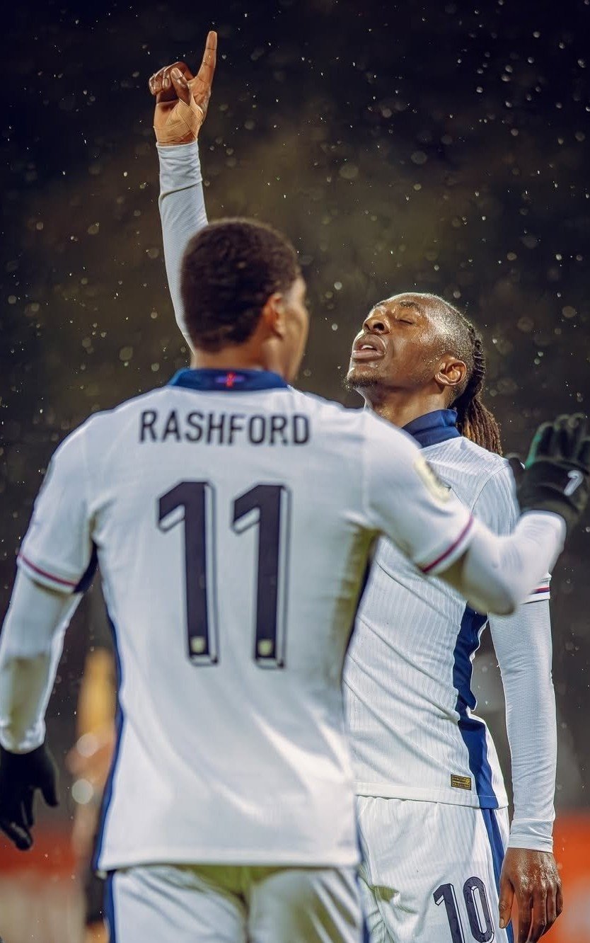 England's Eberechi Eze and Marcus Rashford celebrate a goal against Latvia