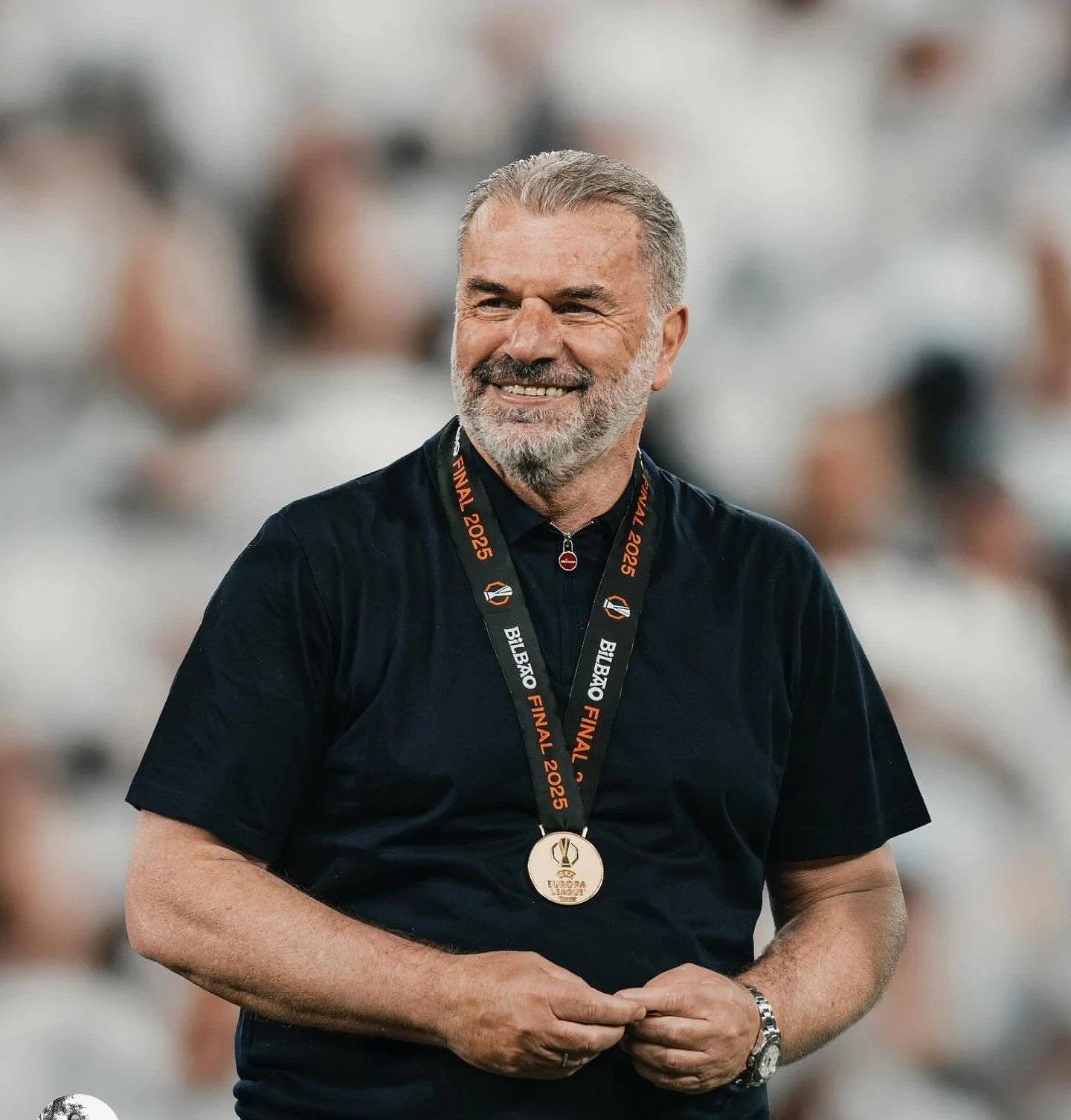 Ange Postecoglou smiles after winning the 2025 Europa League final with Tottenham Hostpur
