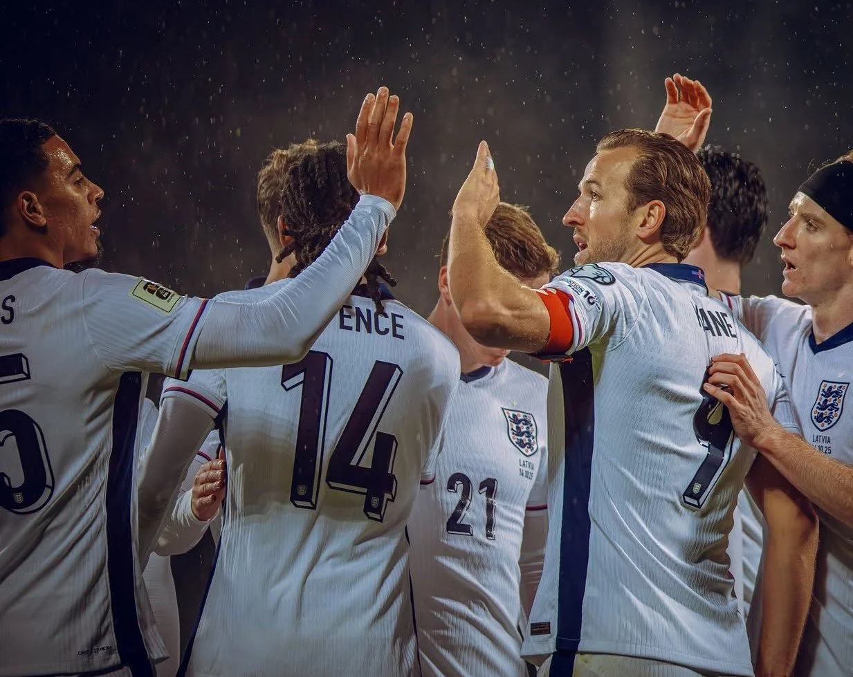 England players celebrate a goal in a World Cup qualifier against Latvia in 2025