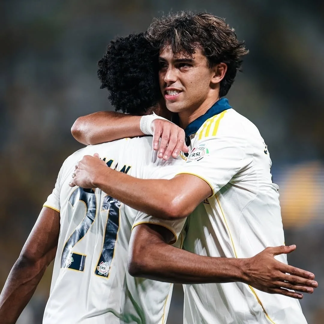 Al-Nassr teammates, Kingsley Coman and Joao Felix celebrate during the 2026 Saudi Pro League season, won by Al-Nassr