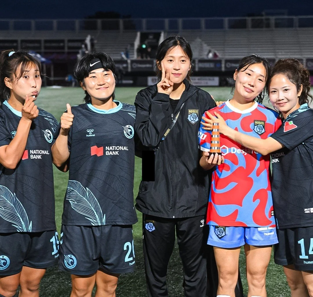 The South Korean contingent of Choo Hyo-joo, Jung Min-young, Lee Min-A and Kang Chae-rim pose for a photo after a Northern Super League match in 2026.