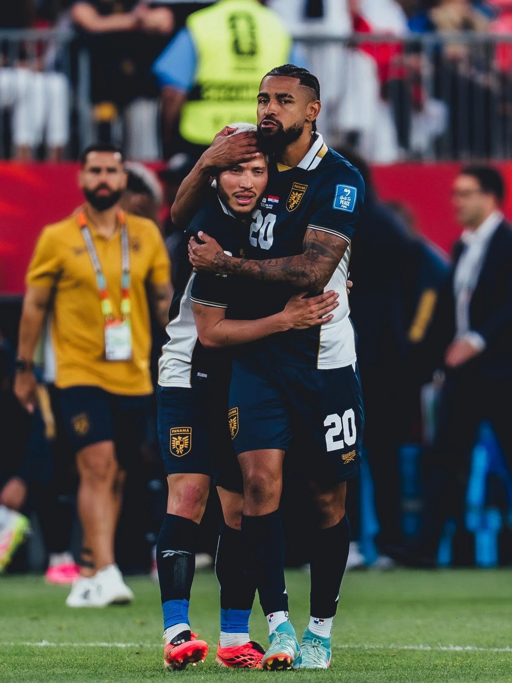Panama's Cristian Martinez is consoled by Anibal Godoy after the team's defeat to Croatia at World Cup 2026.