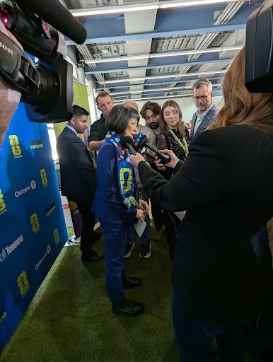 Toronto Mayor Olivia Chow speaks to media at the  World Cup Draw in December, 2025